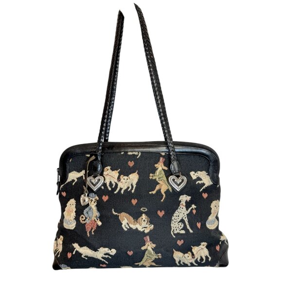 Brighton Vintage Tapestry Dog Tote with Leather Handles & Heart Charm Accents - Picture 2 of 11